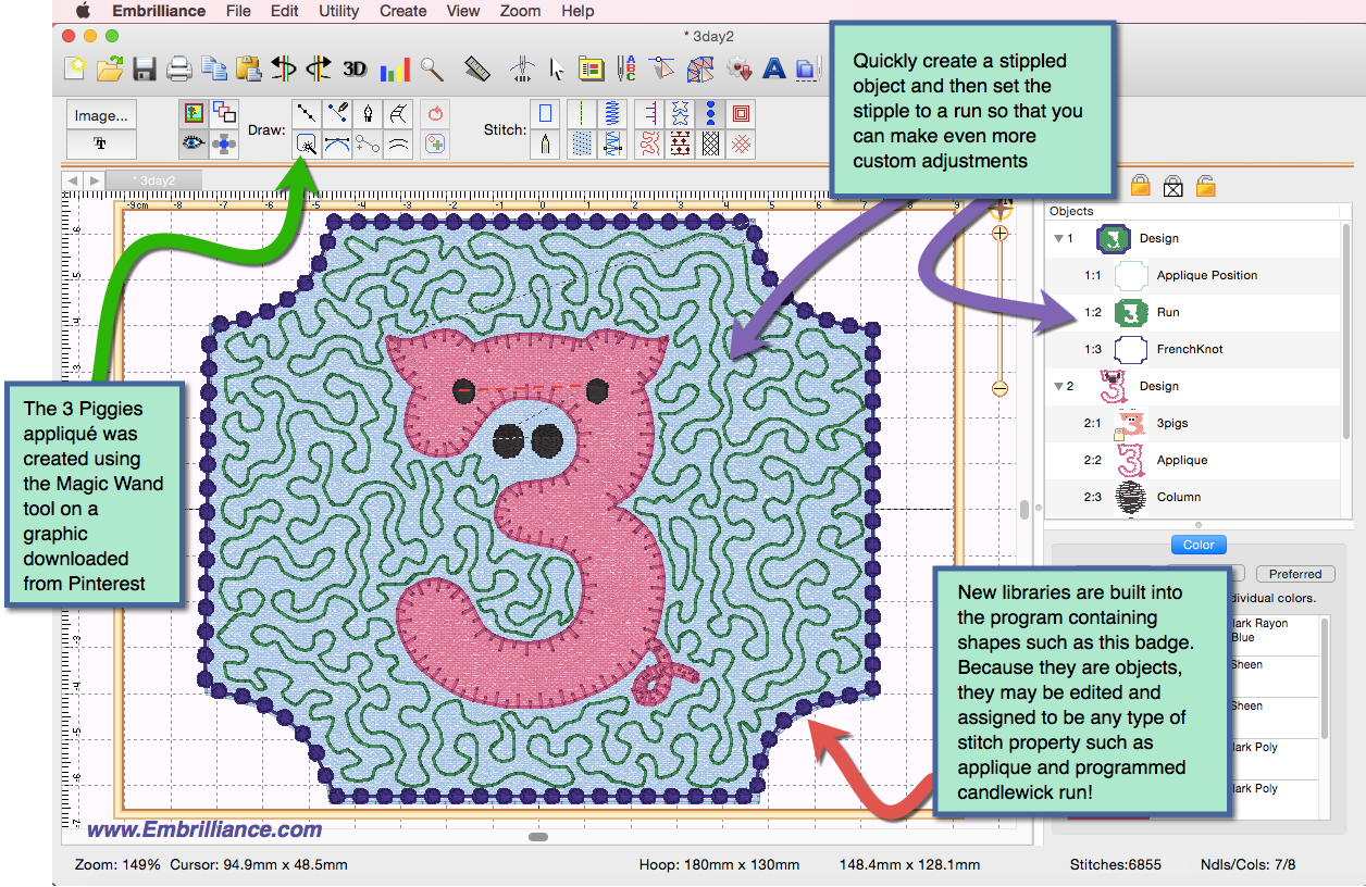 StitchArtist screenshot showing sample piggies design created using the magic wand tool and the built-in design libraries