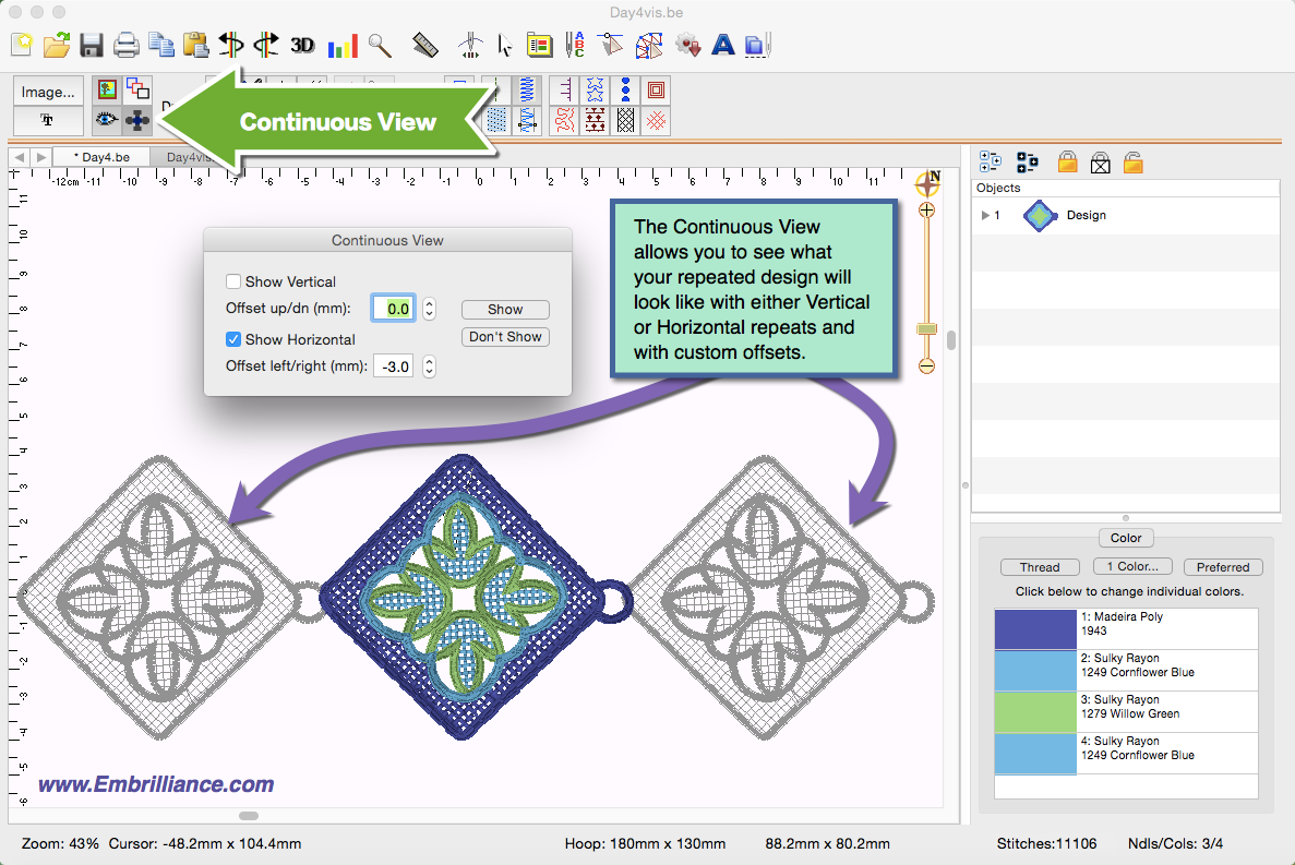 screenshot from StitchArtist showing the Continuous view tool