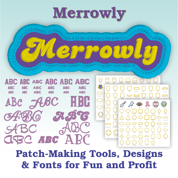 Cover for Embrilliance's Merrowly Automatic Patch Making Tool for Faux Merrow Edges for Machine Embroidery Designs including stock patch edge shapes and scalable fonts.