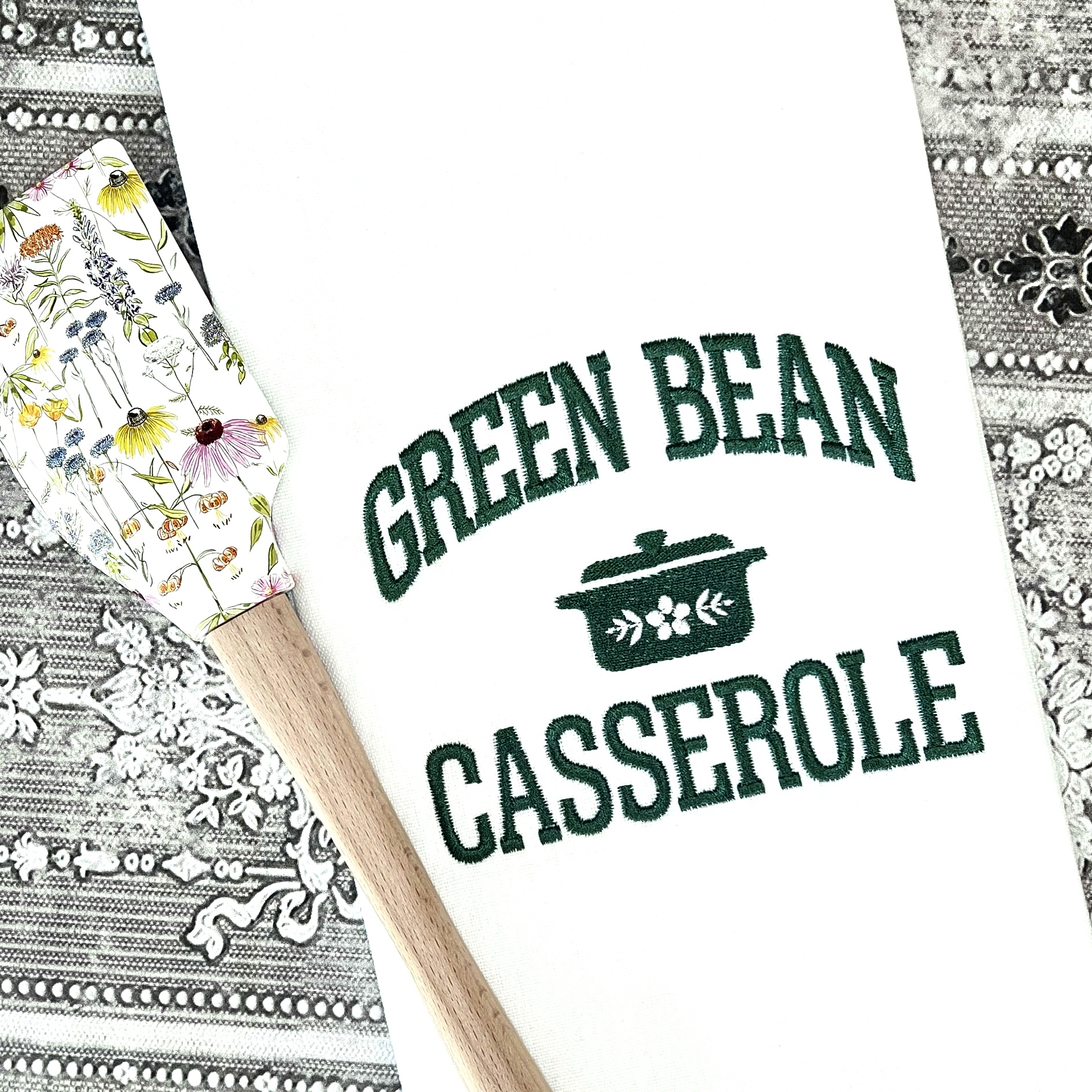 The Iconic Holiday Casserole: Free Varsity-Themed Green Bean Casserole Embroidery Design with Holiday Cooking Icons